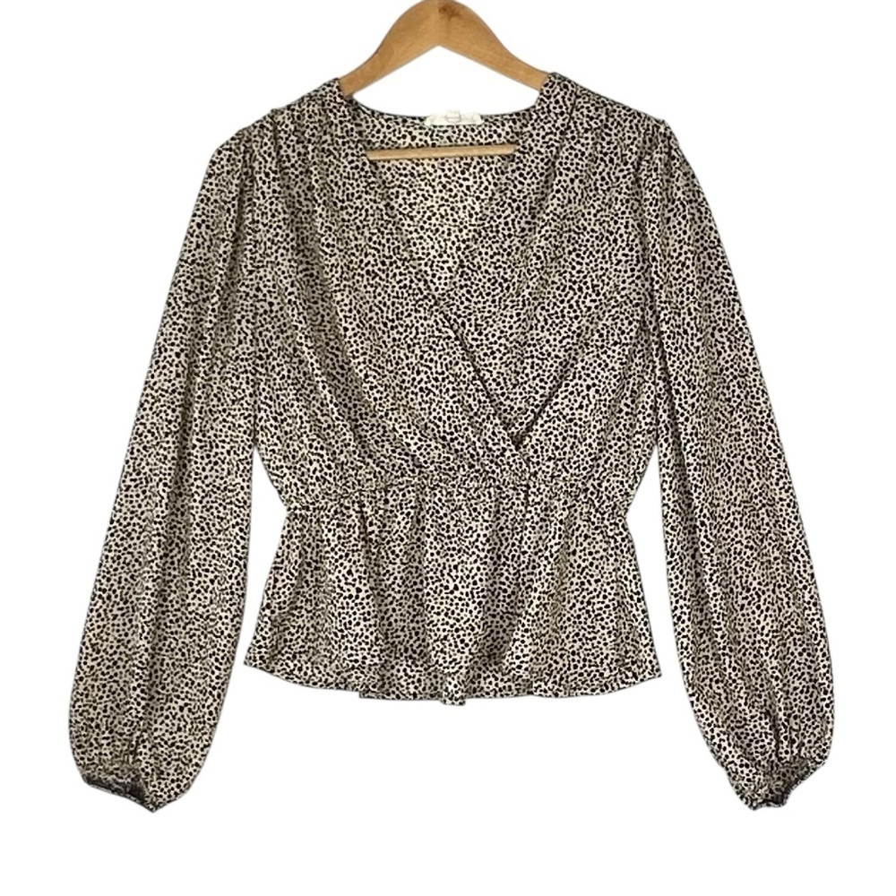 Hesperus Womens Sz L Cheetah Spotted Smocked Poet Sleeve Blouse Top